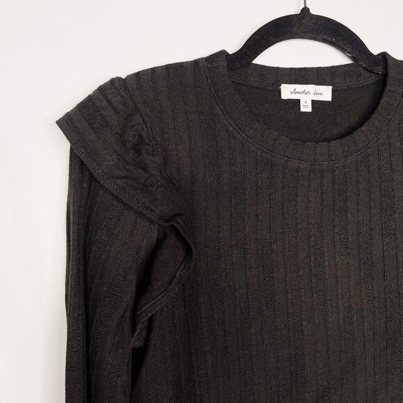 Another Love Small S Black Elvina Ruffle Long Sleeve Top Crew Neck Ribbed Fitted - Picture 5 of 10